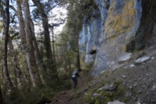 Kaļķakmens klinšu sienas uzkāpienā uz Luxmore Hut.